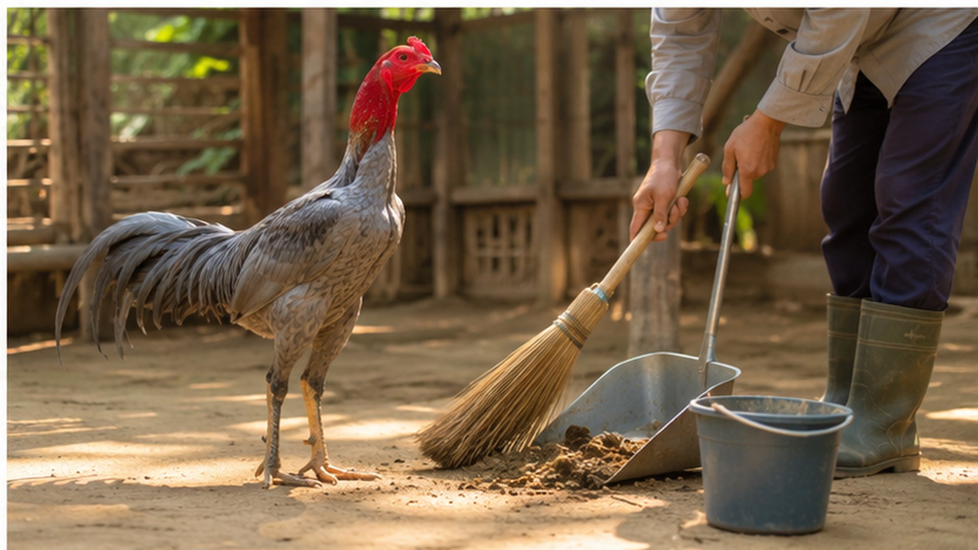 Thu gom phân và giữ nền chuồng khô sạch để hạn chế lông quanh hậu môn gà bị bết phân