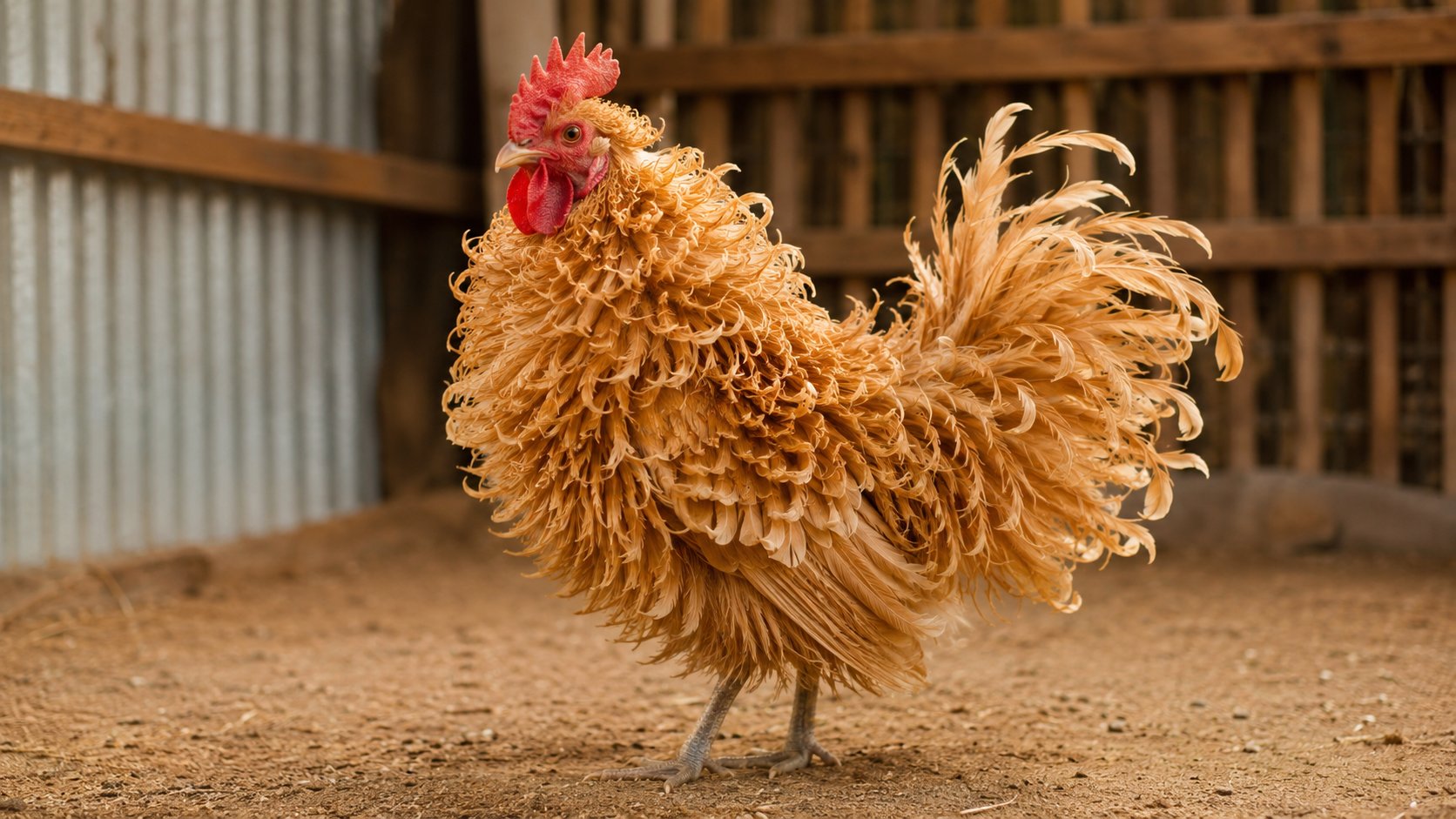 Gà Frizzle lông xoăn làm cảnh màu vàng đồng đứng dưới mái che