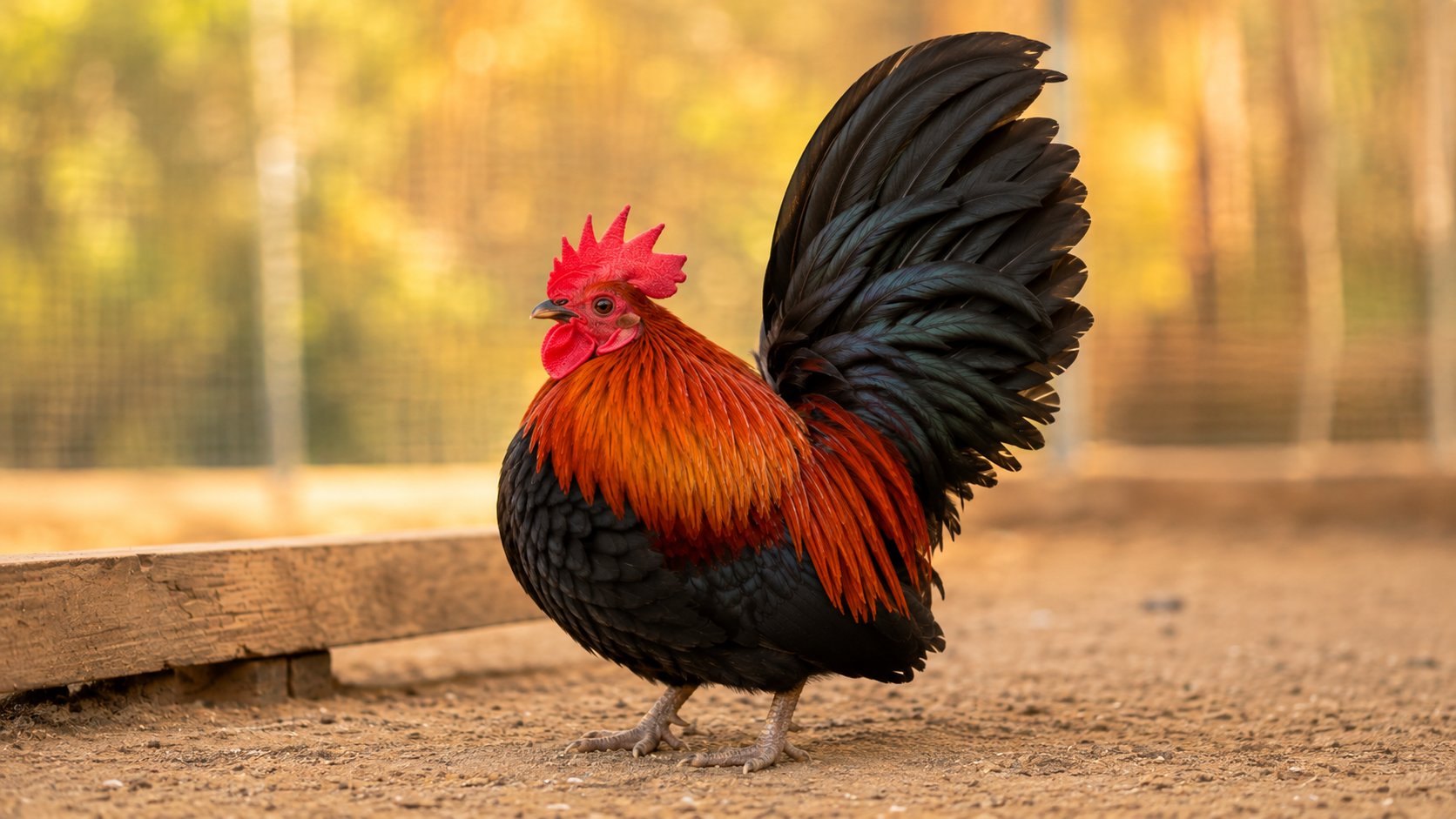 Gà Japanese Bantam Chabo chân ngắn đuôi dựng cao đứng cạnh cầu đậu thấp trong chuồng khô sạch