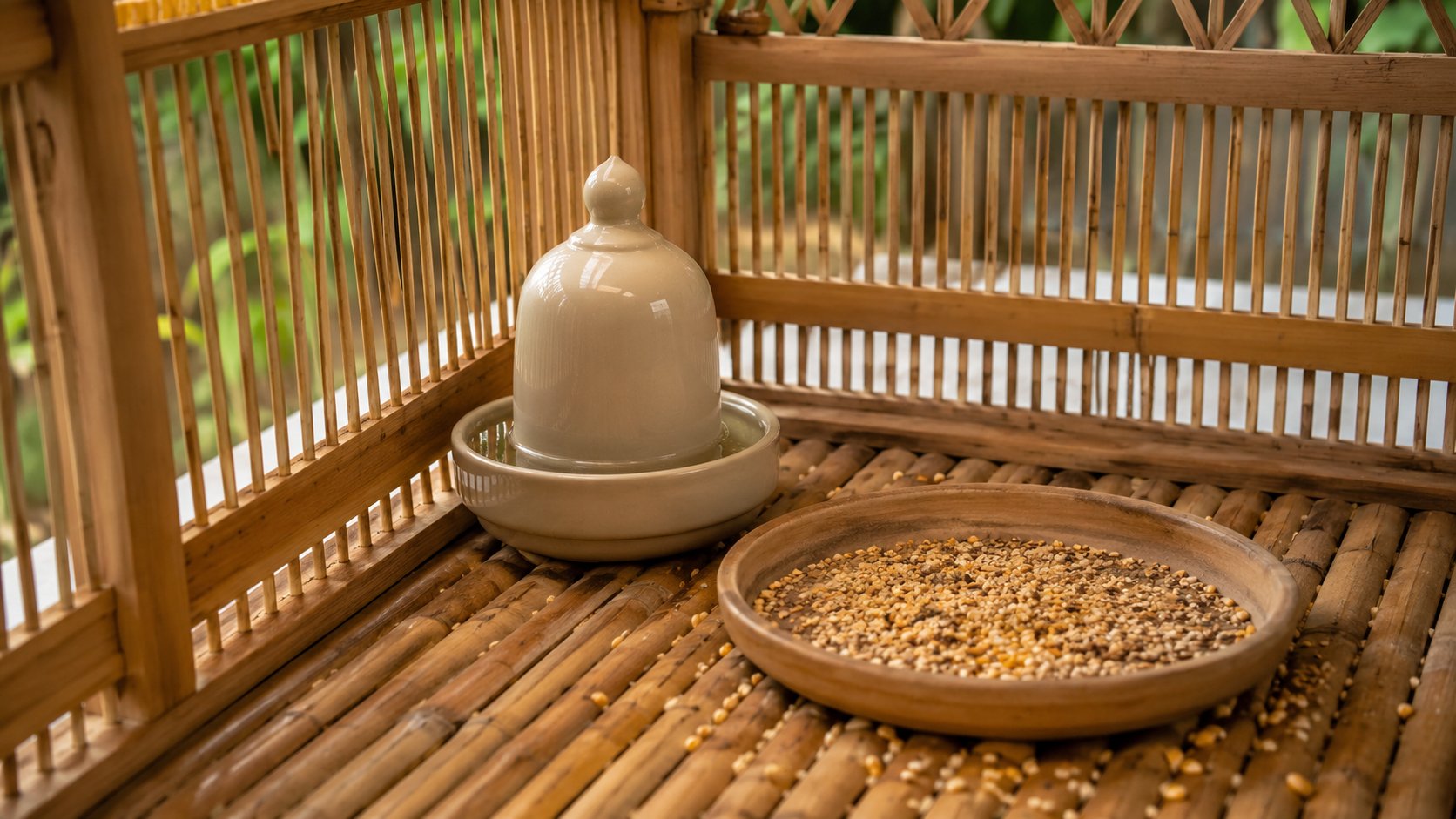 Máng nước sứ và khay cám tre được tách vị trí trong lồng gà cảnh để giảm tranh giành