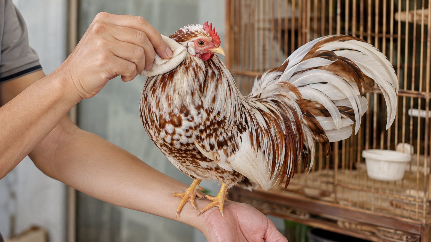 Lau nhẹ vùng đầu và quanh tai gà cảnh bằng khăn mềm ẩm, không ngoáy sâu vào ống