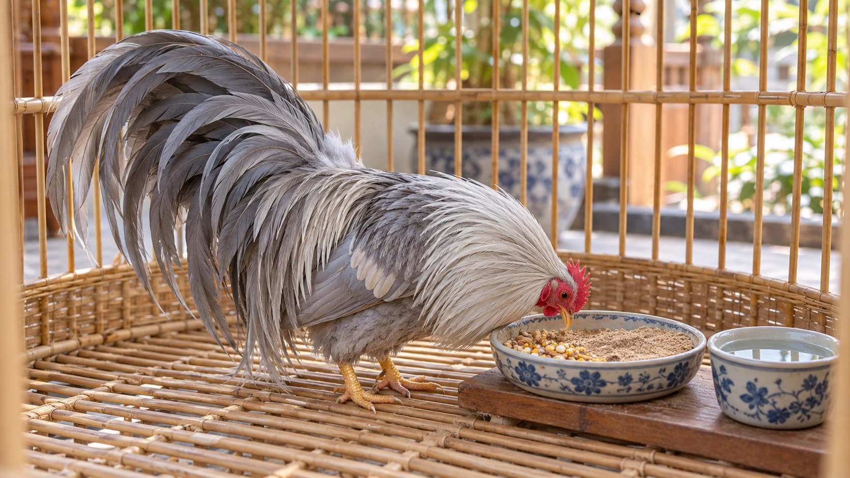 gà cảnh lựa hạt bỏ cám, máng còn lớp cám mịn sau khi hạt đã hết