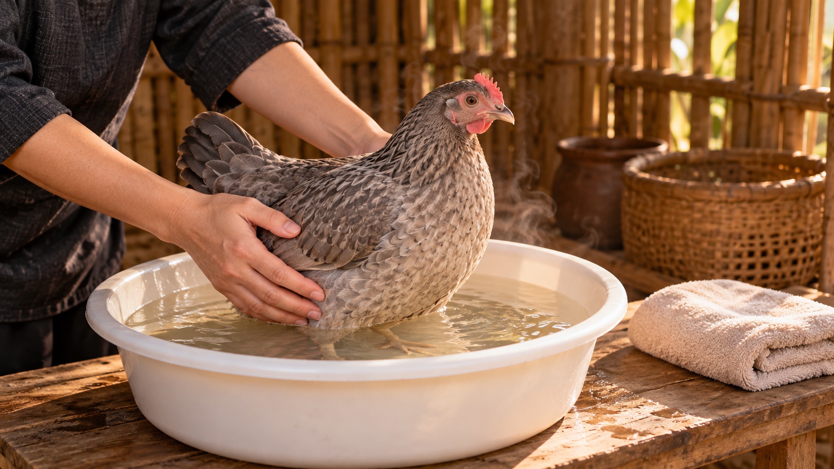 Gà mái lông xám tro được ngâm nửa thân dưới trong chậu nước ấm, hai tay người nuôi giữ nhẹ hai bên — cách hỗ trợ gà mái bị tắc trứng tại nhà