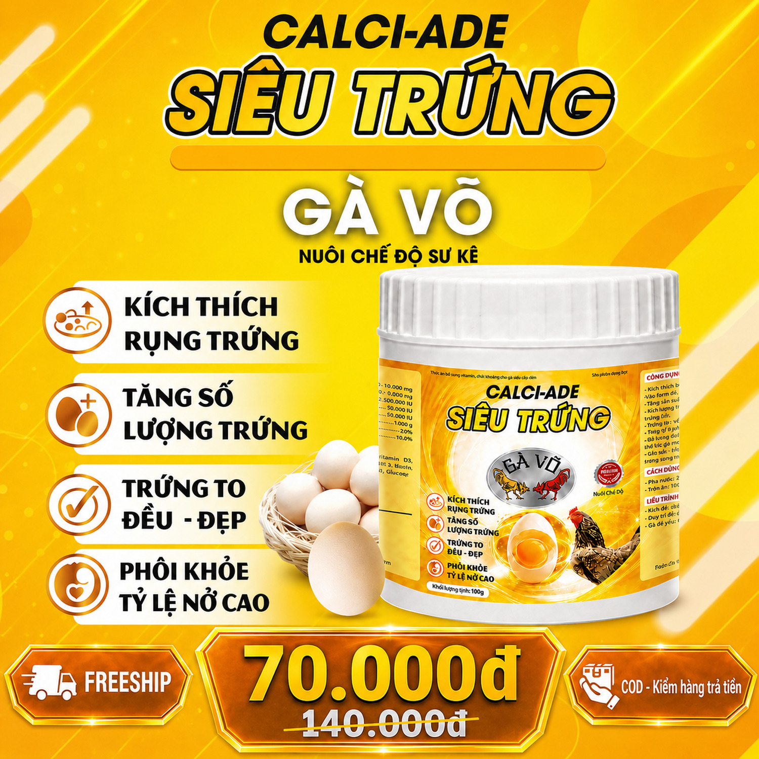 Siêu Trứng Gà Võ - Calci-Ade tăng tần suất đẻ, trứng to đều, tỷ lệ nở cao, giá 70.000đ freeship COD