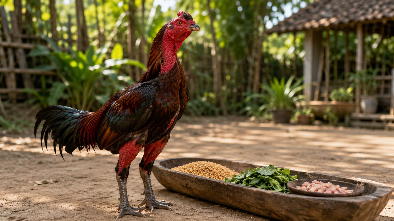 chế độ dinh dưỡng cho gà chọi — gà nòi khét sung sức bên máng thóc, rau xanh và mồi