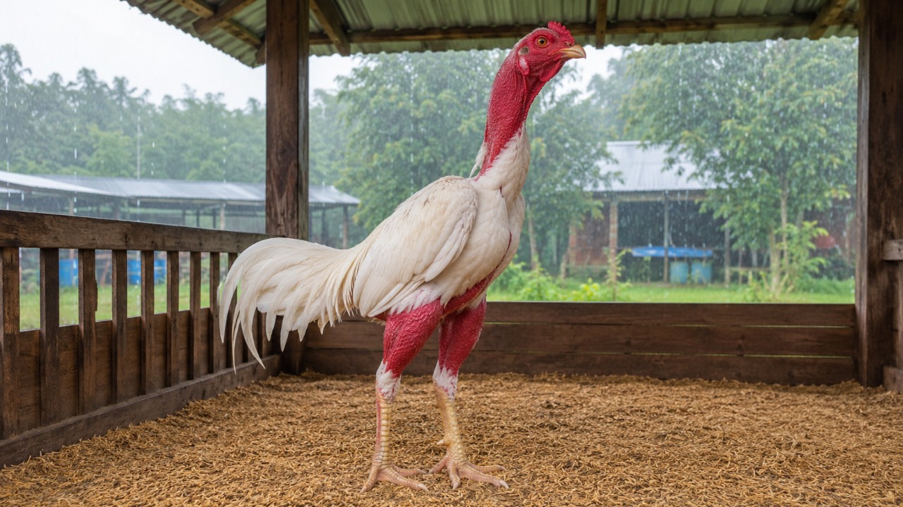 Gà nòi khỏe mạnh đứng trong chuồng khô ráo, nền cao thoáng, mái che kín gió mùa mưa