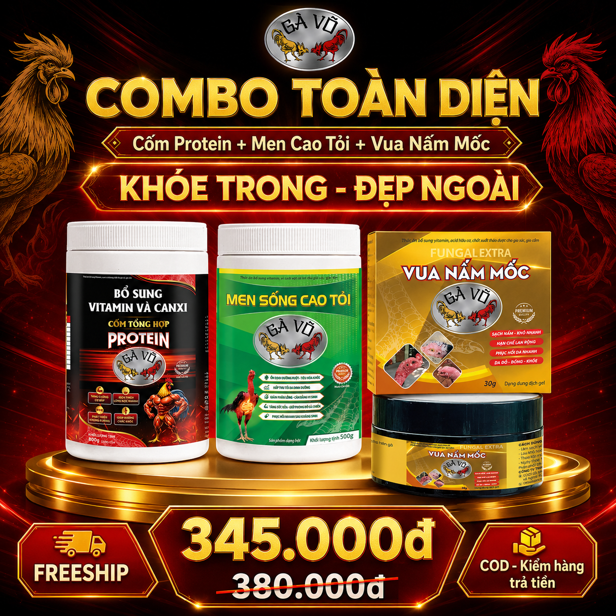 Combo Toàn Diện Gà Võ - Cốm Protein, Men Sống Cao Tỏi & Vua Nấm Mốc