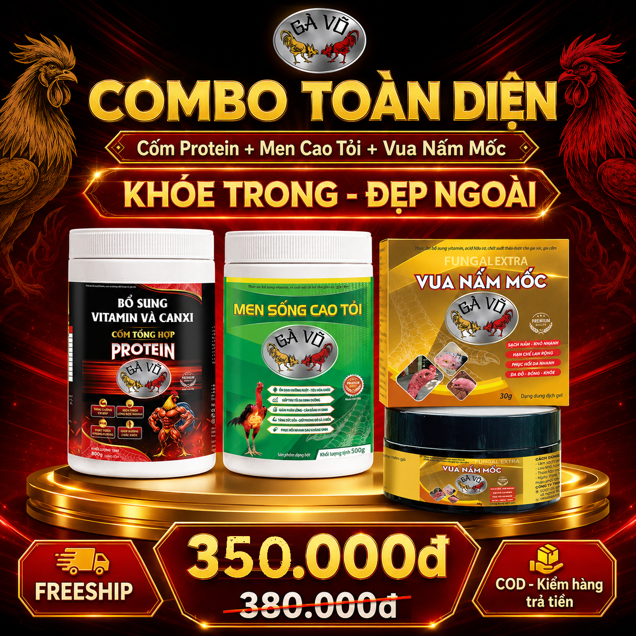 Combo Toàn Diện Gà Võ - Cốm Protein, Men Sống Cao Tỏi & Vua Nấm Mốc