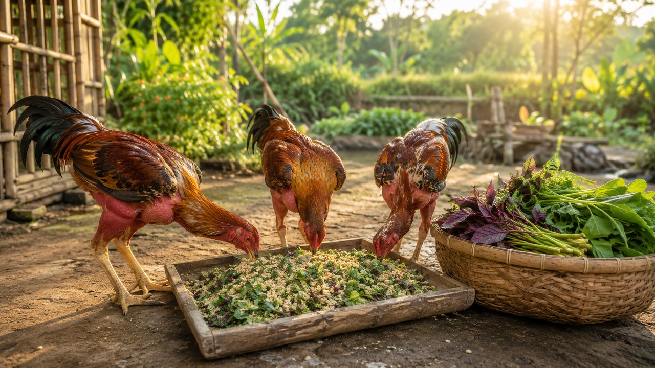 gà đòn ăn rau xanh băm trộn cám bên rổ rau vườn nhà - Gà Võ