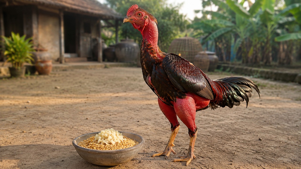 cho gà ăn tỏi - gà nòi khỏe bên bát cám trộn tỏi