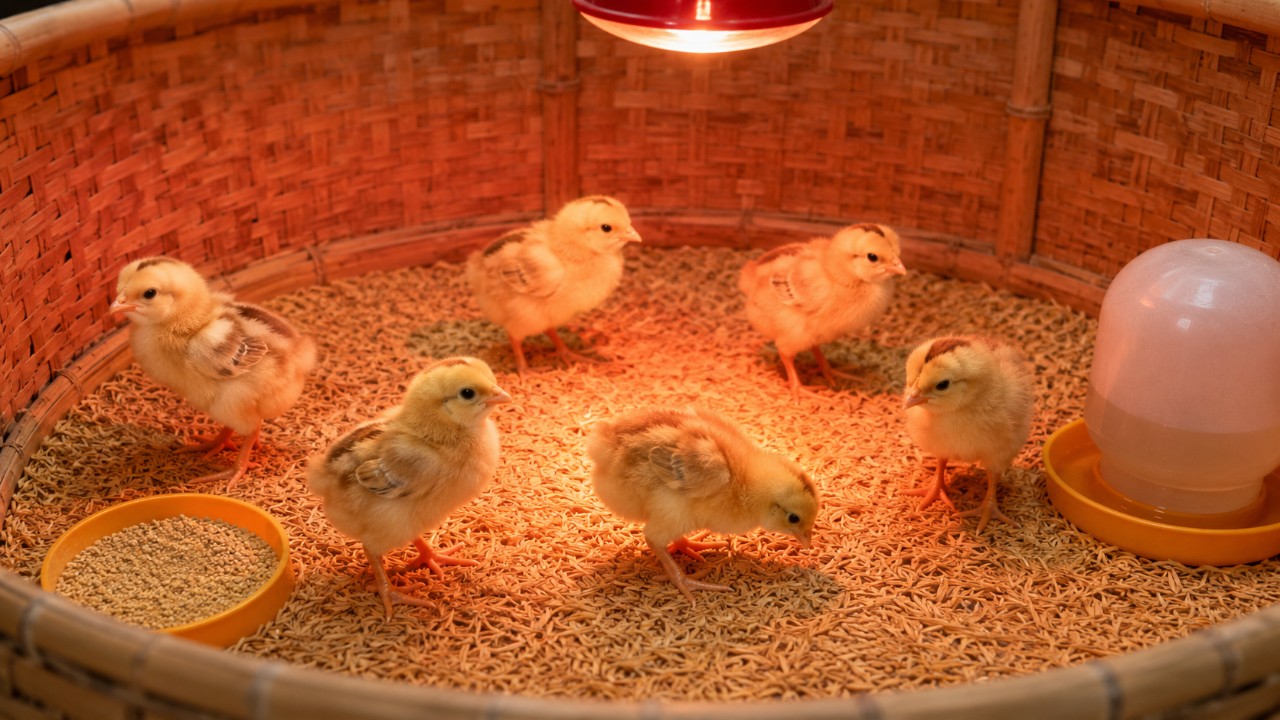 Đàn gà con khỏe mạnh trong quây úm ấm khô ráo dưới đèn sưởi - phòng tiêu chảy gà con mùa mưa lạnh