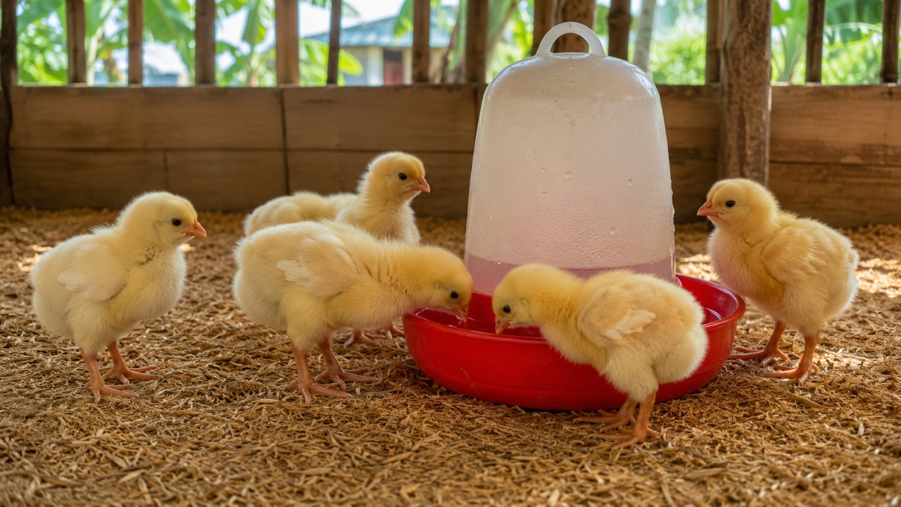 Đàn gà con uống nước bên máng trong quây úm - xử lý gà con bị khô chân bằng cách tập uống bù nước