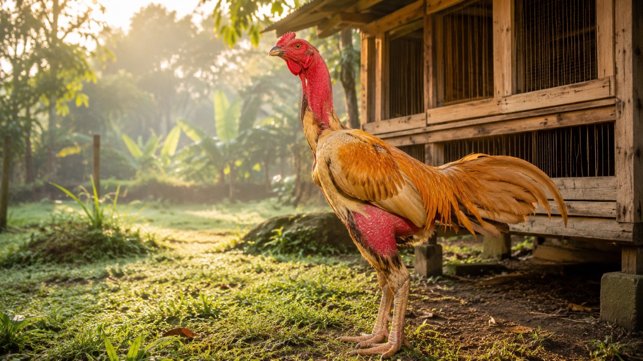Gà nòi già khỏe mạnh đứng tắm nắng sớm trong sân vườn quê