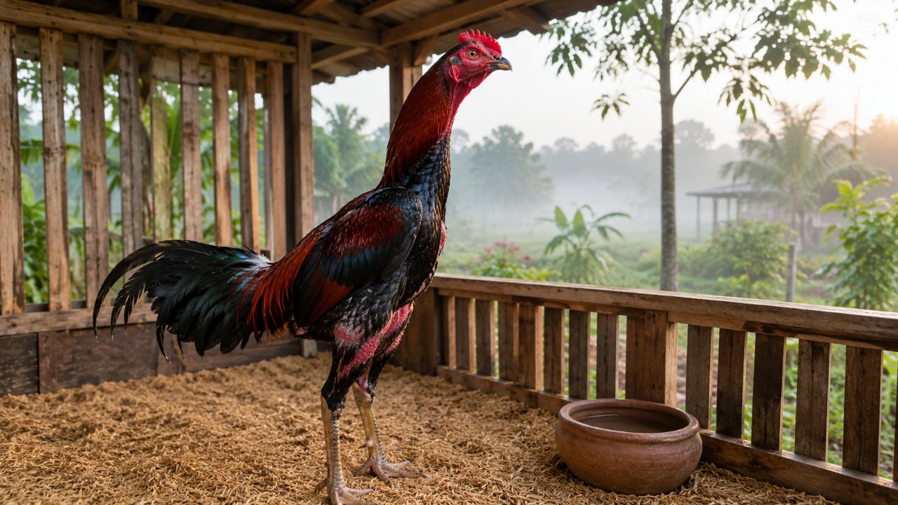 Phòng bệnh cho gà khi giao mùa - gà nòi khỏe trong chuồng khô thoáng buổi sáng