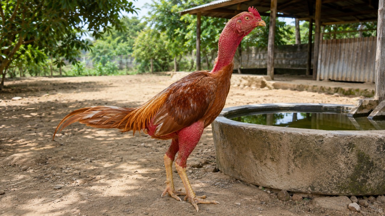 Gà nòi khỏe mạnh lông mượt đứng bên máng ăn trong sân chuồng sạch