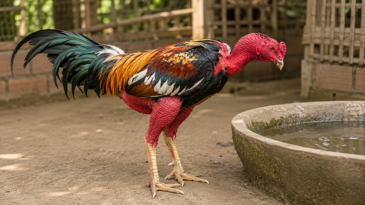 Gà nòi trưởng thành đứng bên máng nước chân to vảy bóng - gà bị khô chân teo lườn thường gặp ở gà lớn