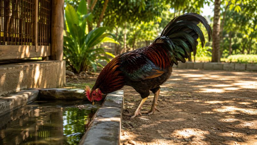 bổ sung điện giải cho gà chọi ngày nắng nóng - gà uống nước máng sạch
