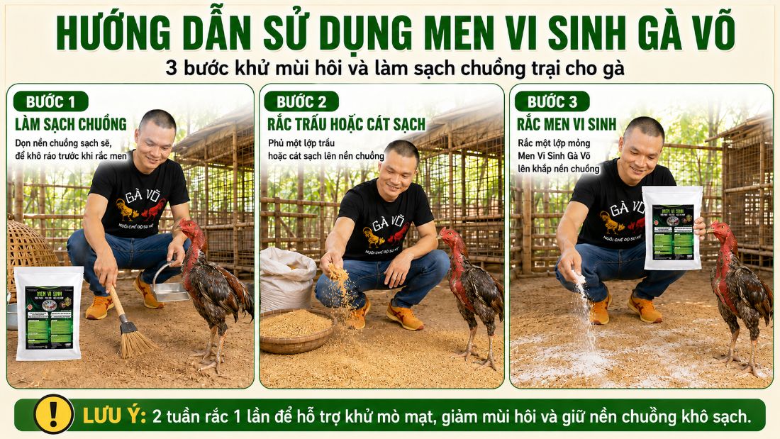 cách khử mùi hôi chuồng gà bằng Men Vi Sinh Gà Võ - quy trình 3 bước