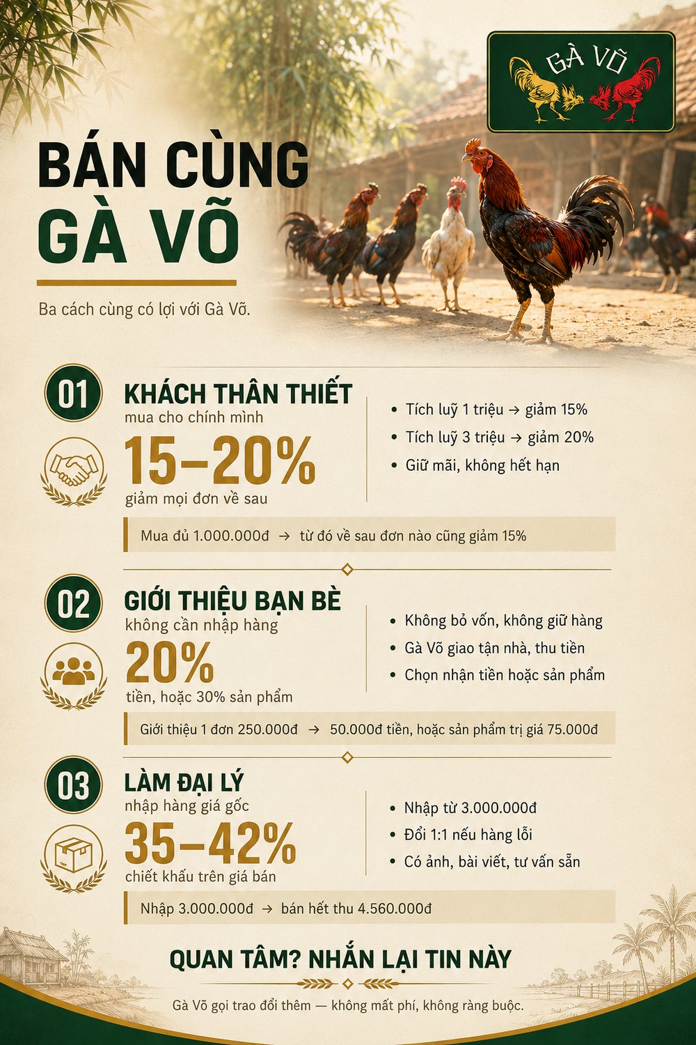Chương trình hợp tác Gà Võ - ba hình thức khách thân thiết, giới thiệu và đại lý