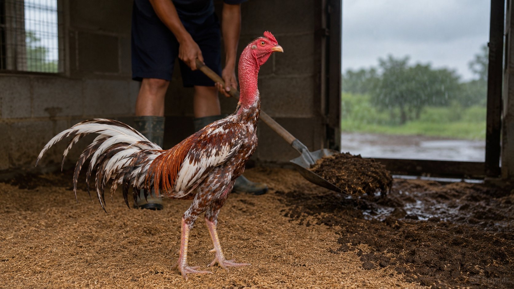 xử lý nền chuồng gà ẩm mùa mưa: xúc bỏ trấu ẩm đóng bánh thay lớp lót khô - Gà Võ