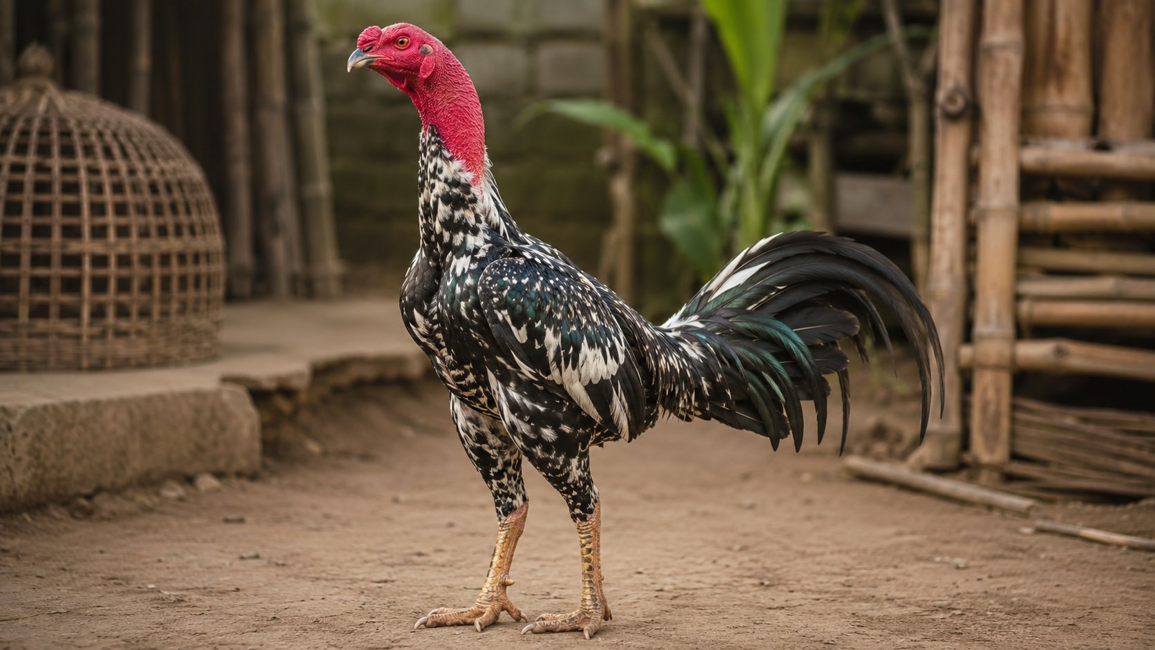 Gà Mỹ (American gamefowl) lông bông vện thân gọn săn chắc đứng sân trại