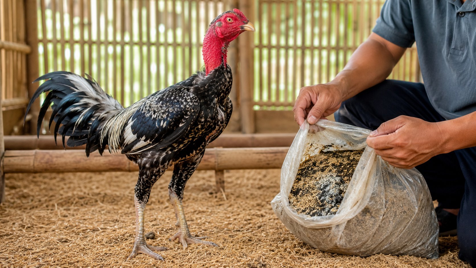 Gà khò khè có đờm — gà nòi tía rướn cổ hé mỏ hắng giọng, người nuôi ngồi quan sát nhịp thở trong chuồng khô thoáng