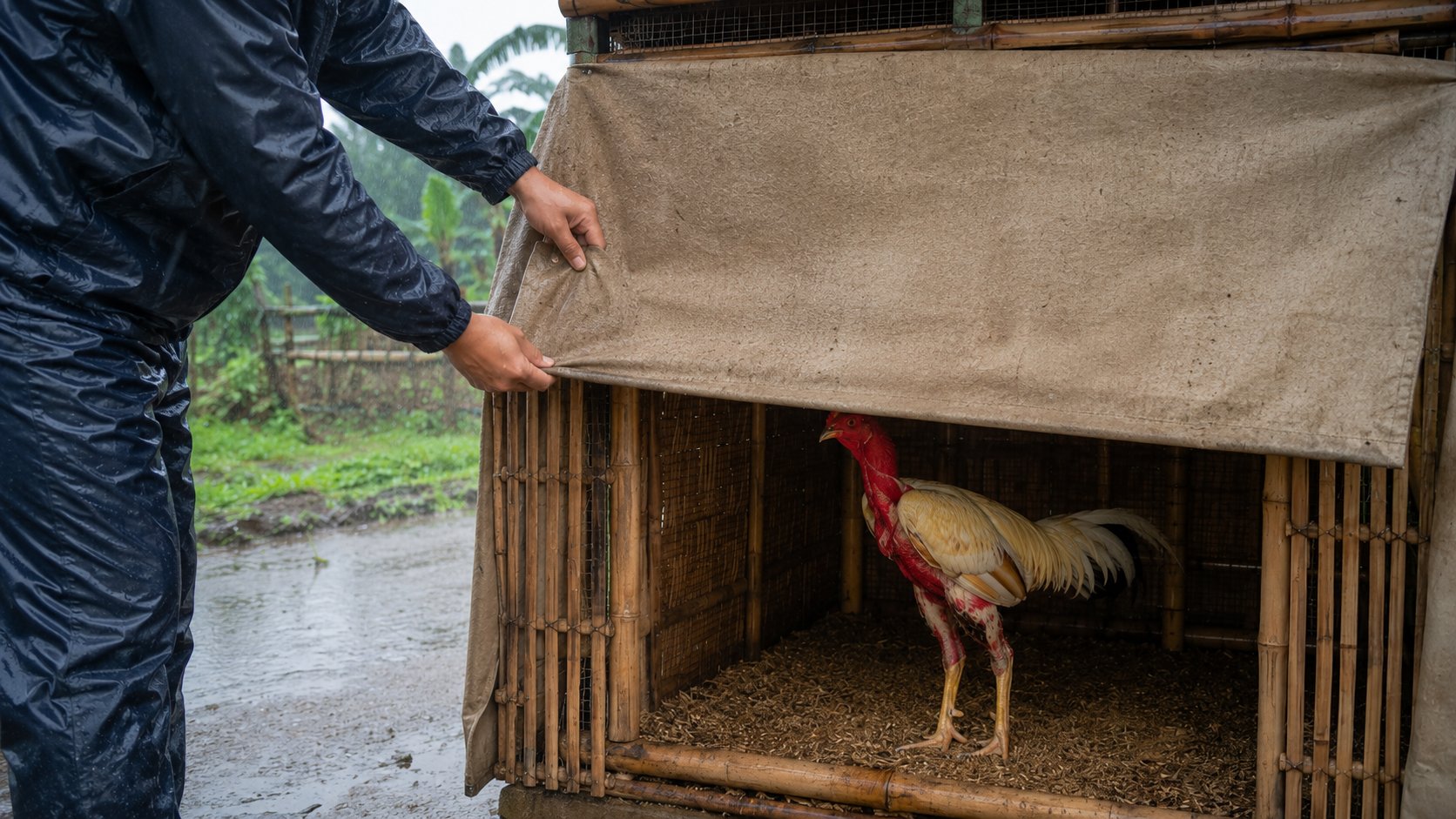 Người nuôi nhỏ thuốc bổ, men tăng đề kháng cho gà nòi khét đang hồi phục sau khi trúng gió trong chuồng ấm