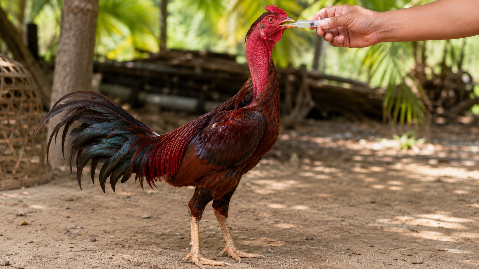 Cho gà khò khè có đờm uống hỗ trợ bù nước, long đờm bằng xi lanh nhỏ, giữ gà trong chuồng khô thoáng