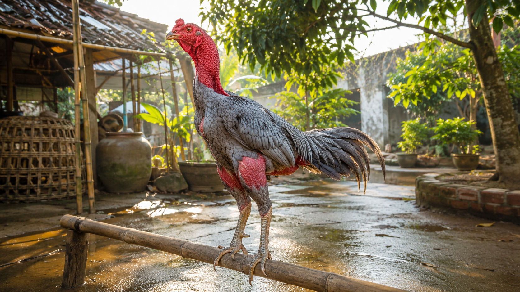 thuật ngữ mô tả gà nòi - gà nòi lông xám đứng trên sào lộ rõ mào, cổ, đùi, chân và bộ lông