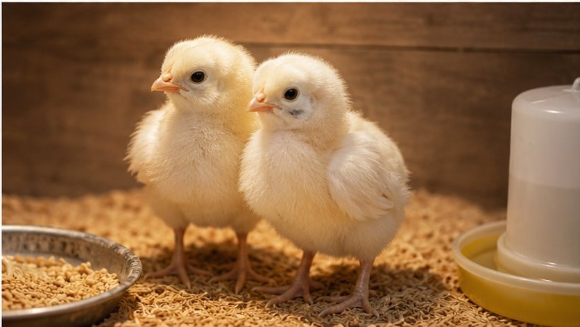 so sánh hai gà cảnh con cùng lứa, một con nhỏ hơn đàn trong quây úm