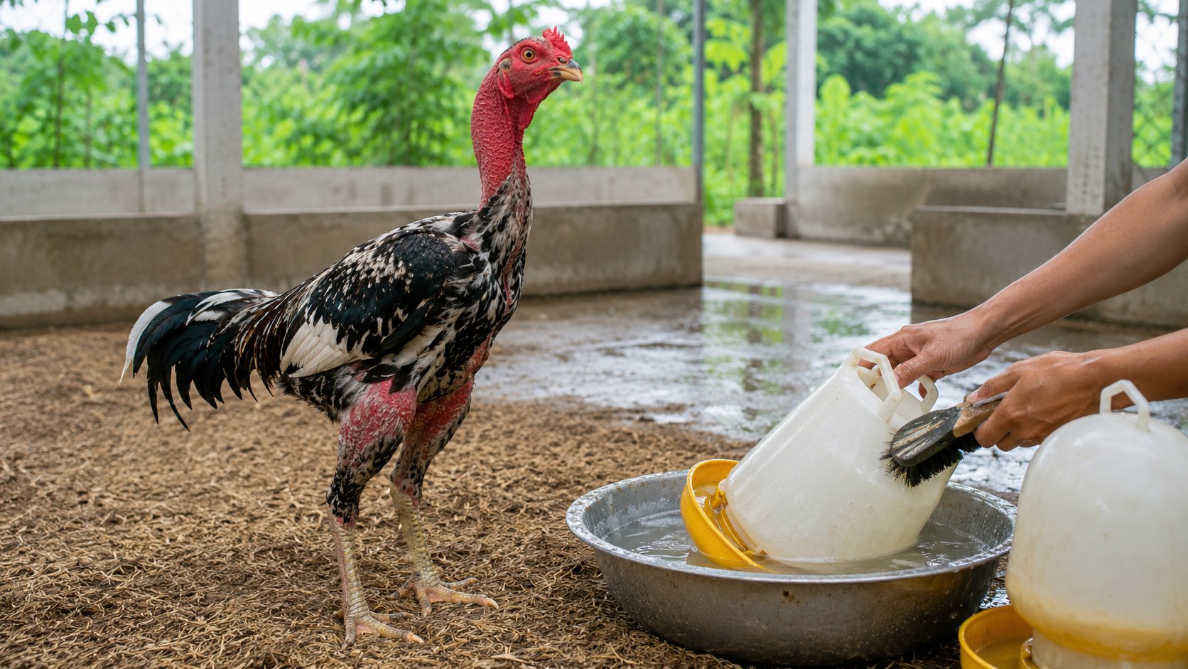 cho gà uống nước đúng cách, vệ sinh máng nước
