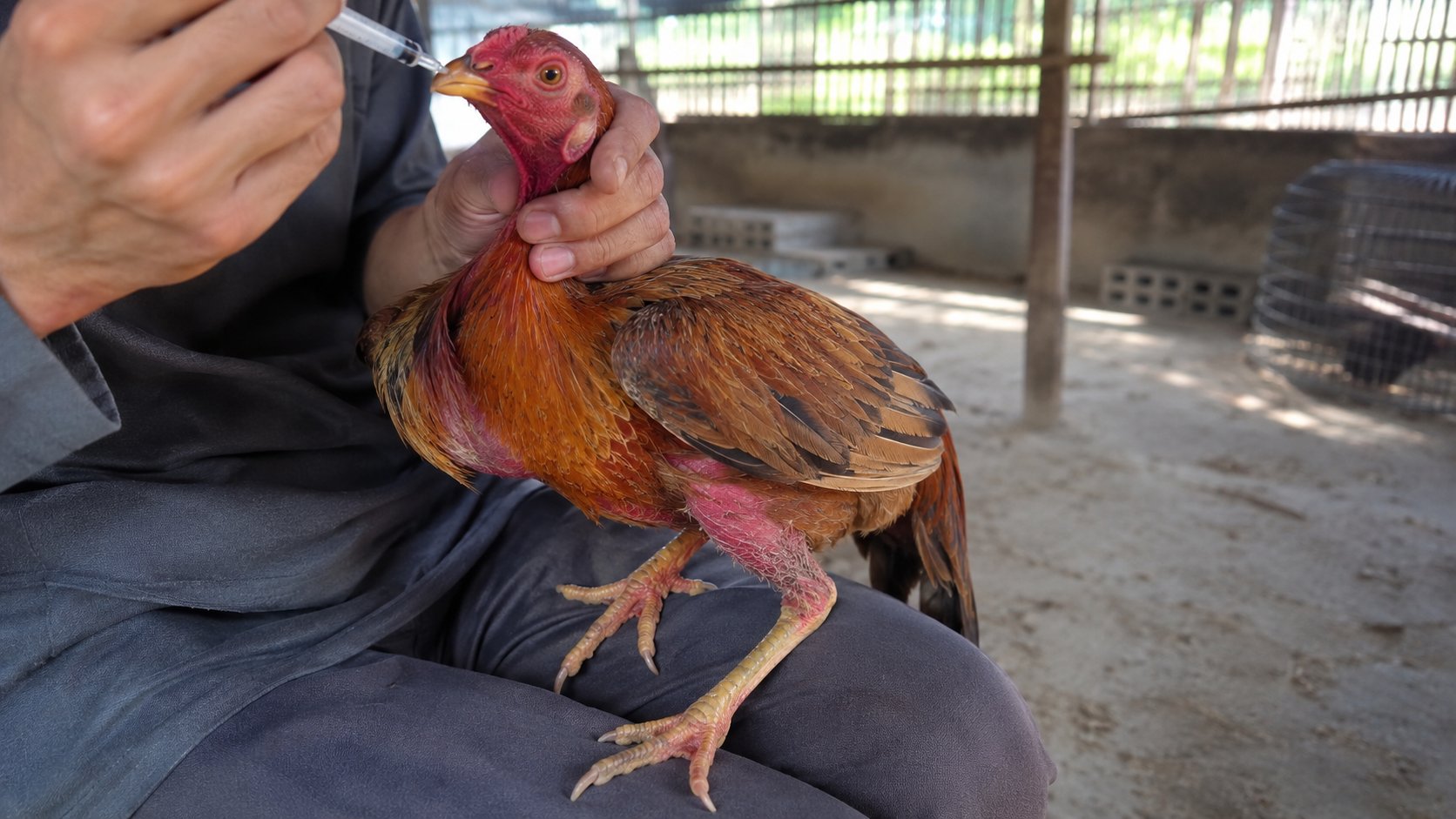 Người nuôi cho gà nòi uống thuốc long đờm hỗ trợ xử lý bệnh ORT trong chuồng khô thoáng